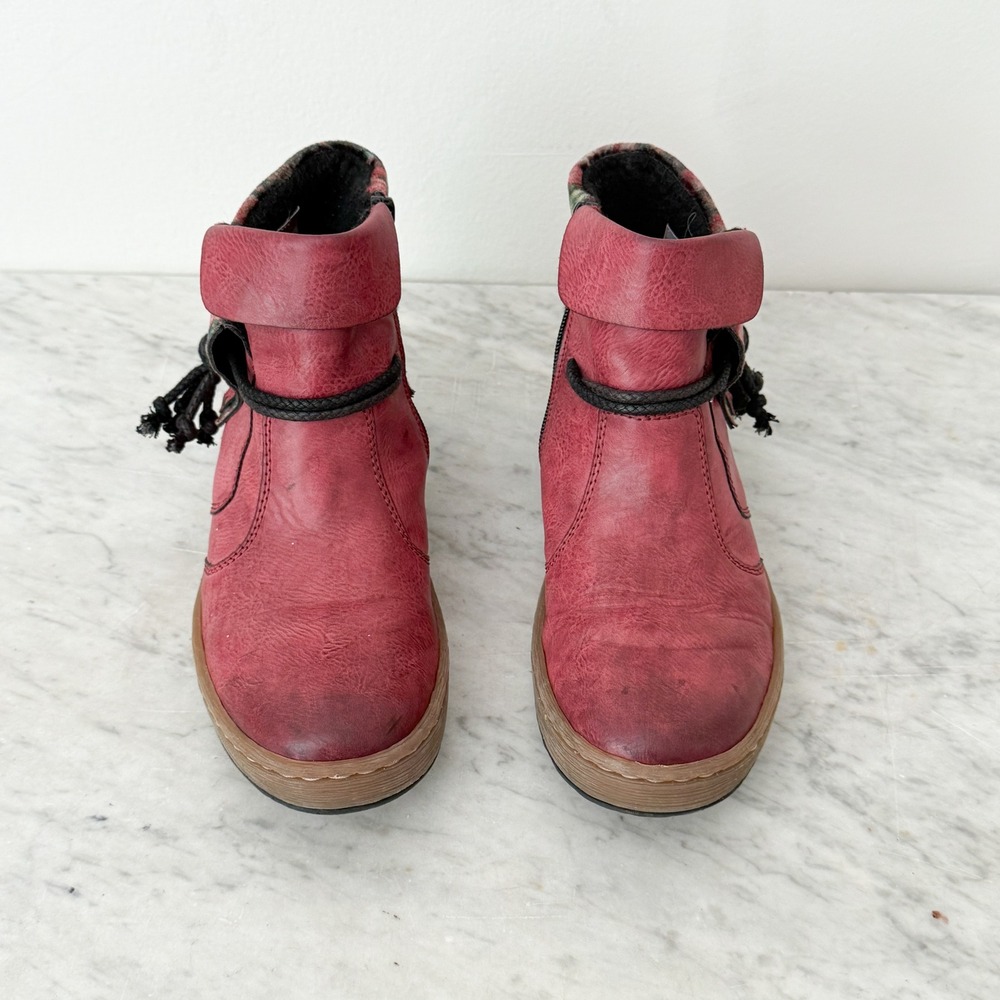 Rieker Ankle Boots Floral Boho 40 Red Burnished Leather Zip Booties - Picture 3 of 7